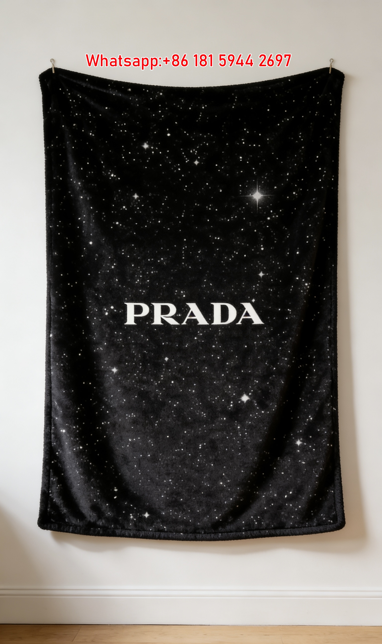 Prada Black Starry Night Sky Printed Flannel Throw Blanket IMG_2751